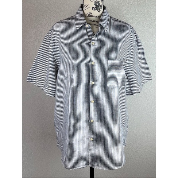 Alex Crane Men's Ola Linen Stripped Short-Sleeve Button-Down Shirt Blue/White XL - Picture 9 of 13